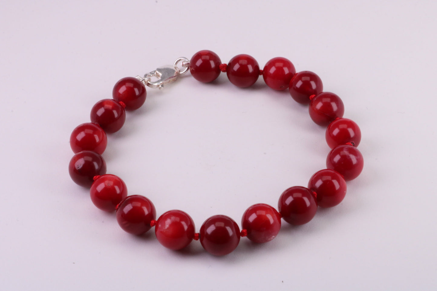 Natural 10 mm Round Red Coral Bracelet with Solid Silver Lobster Claw Lock