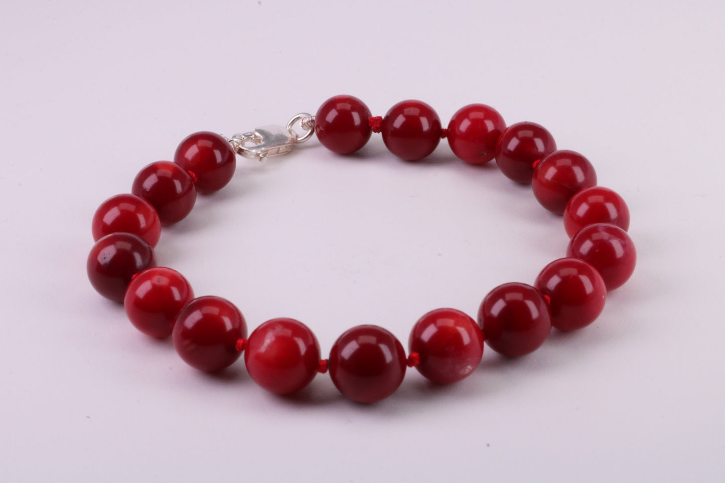 Natural 10 mm Round Red Coral Bracelet with Solid Silver Lobster Claw Lock