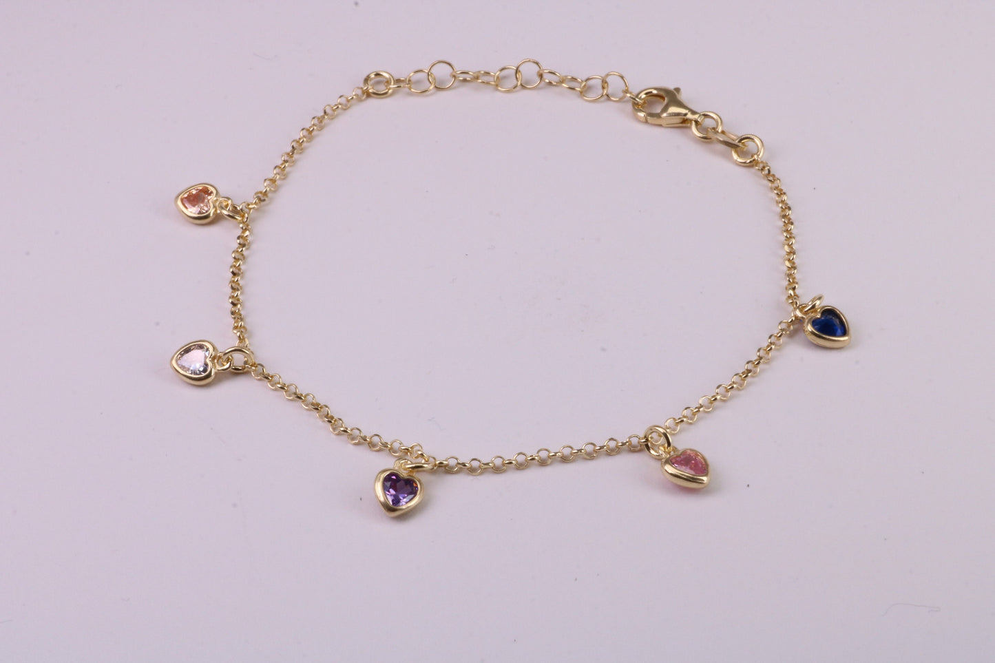Rainbow Dainty Love Hearts Bracelet, With Length Adjustable Chain, Made from solid Sterling Silver and Further 18ct Yellow Gold Plated