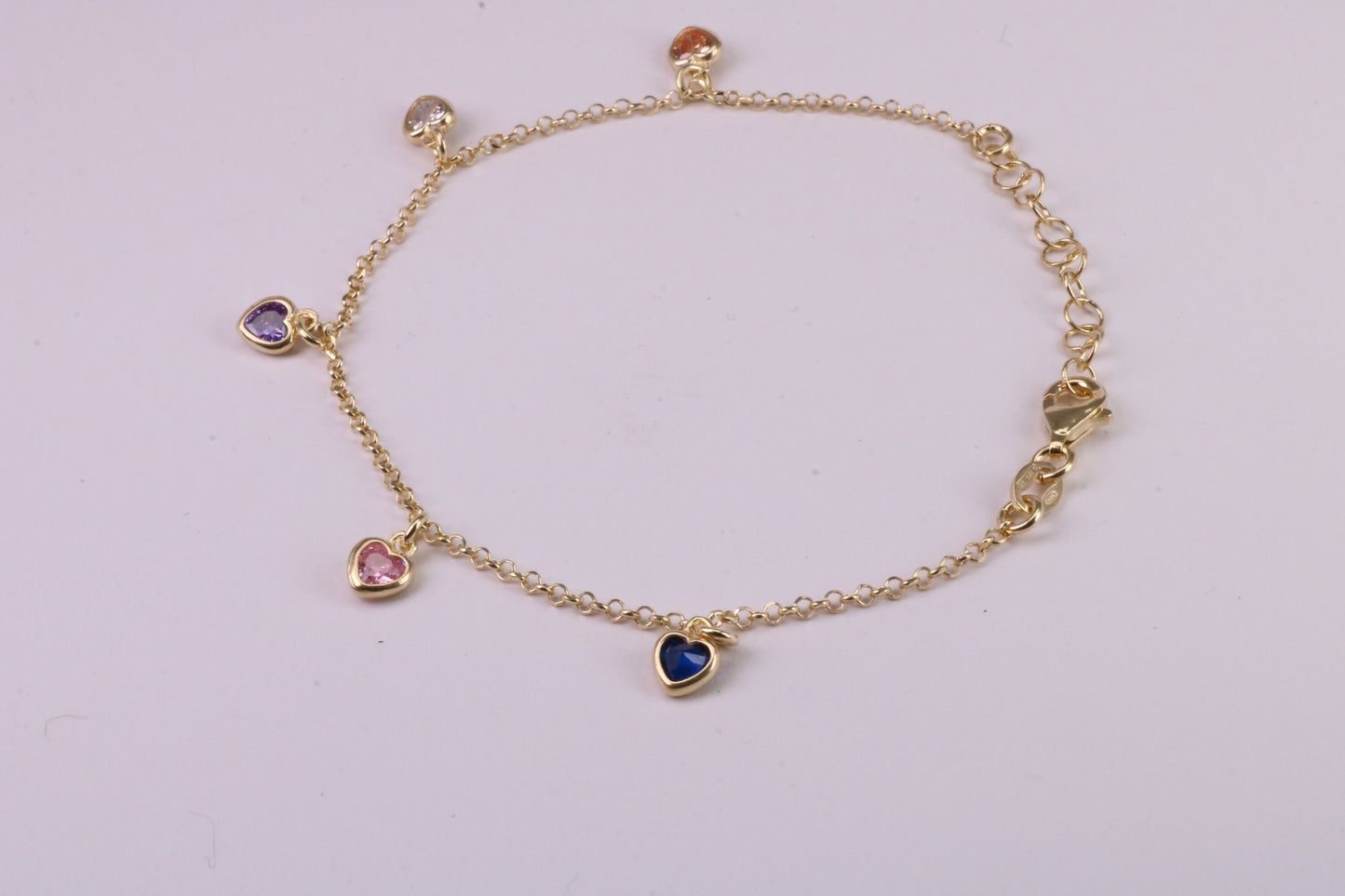 Rainbow Dainty Love Hearts Bracelet, With Length Adjustable Chain, Made from solid Sterling Silver and Further 18ct Yellow Gold Plated