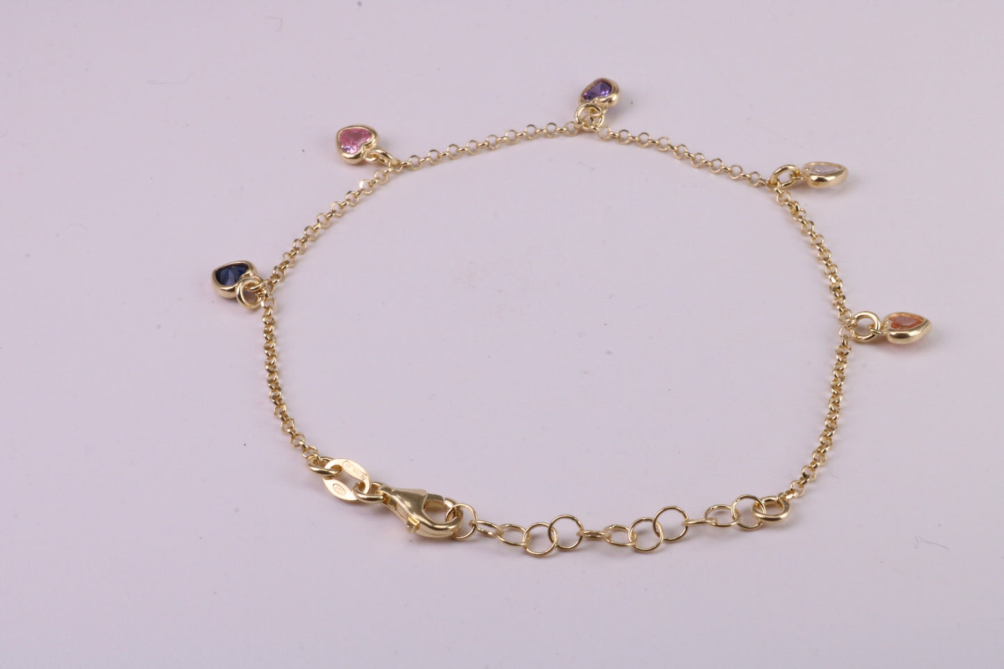 Rainbow Dainty Love Hearts Bracelet, With Length Adjustable Chain, Made from solid Sterling Silver and Further 18ct Yellow Gold Plated