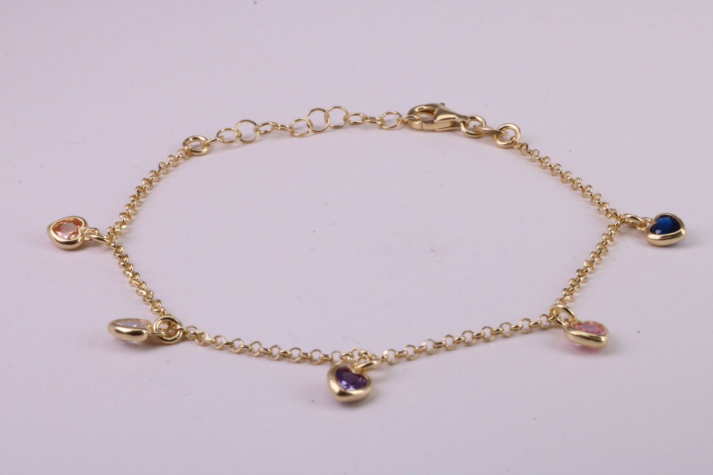 Rainbow Dainty Love Hearts Bracelet, With Length Adjustable Chain, Made from solid Sterling Silver and Further 18ct Yellow Gold Plated