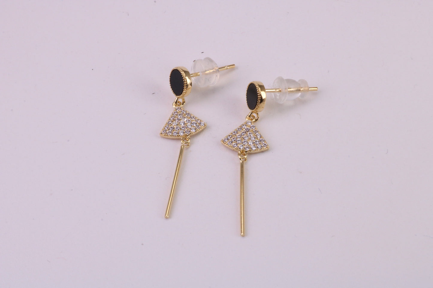35 mm Long C Z and Black Onyx Set Dropper Stud Earrings, Solid Silver with Yellow Gold Plating