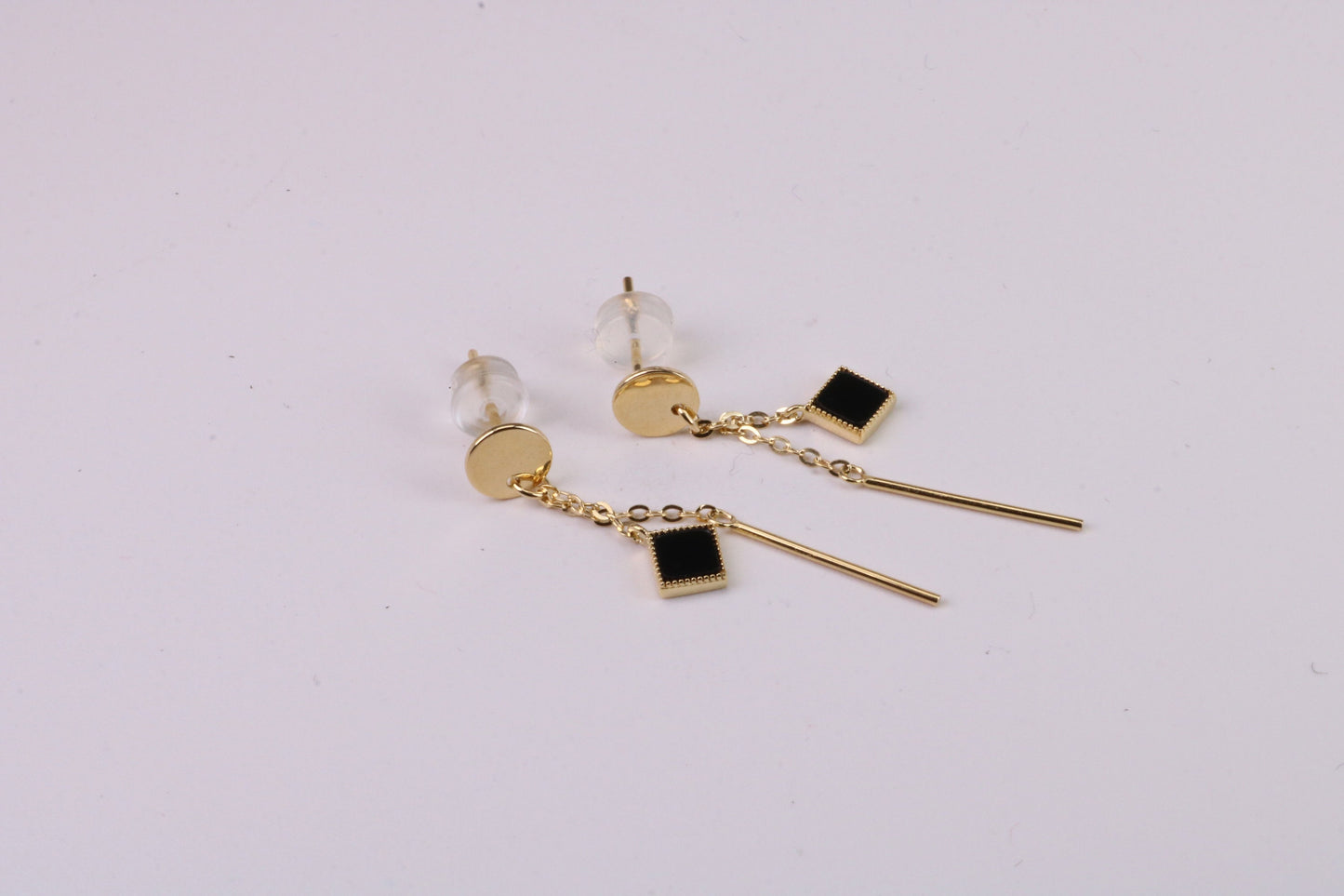 35 mm Long Black Onyx Set Dropper Stud Earrings, Solid Silver with Yellow Gold Plating