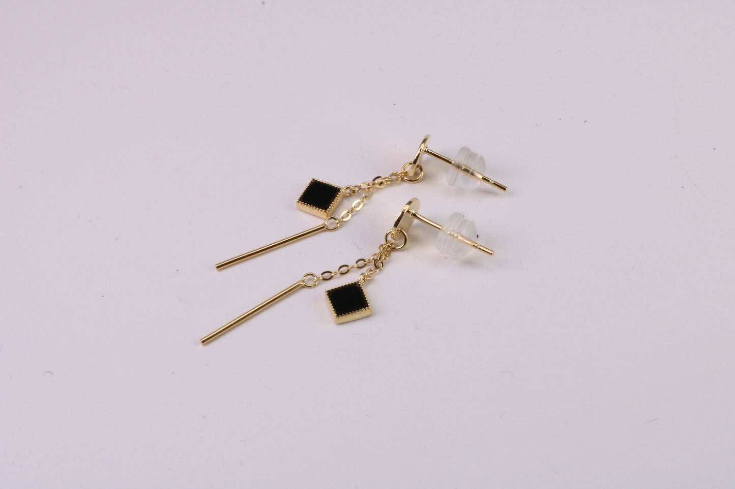 35 mm Long Black Onyx Set Dropper Stud Earrings, Solid Silver with Yellow Gold Plating