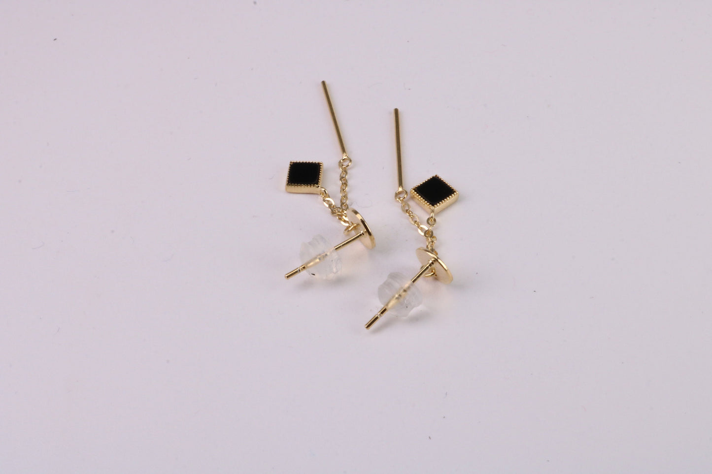 35 mm Long Black Onyx Set Dropper Stud Earrings, Solid Silver with Yellow Gold Plating