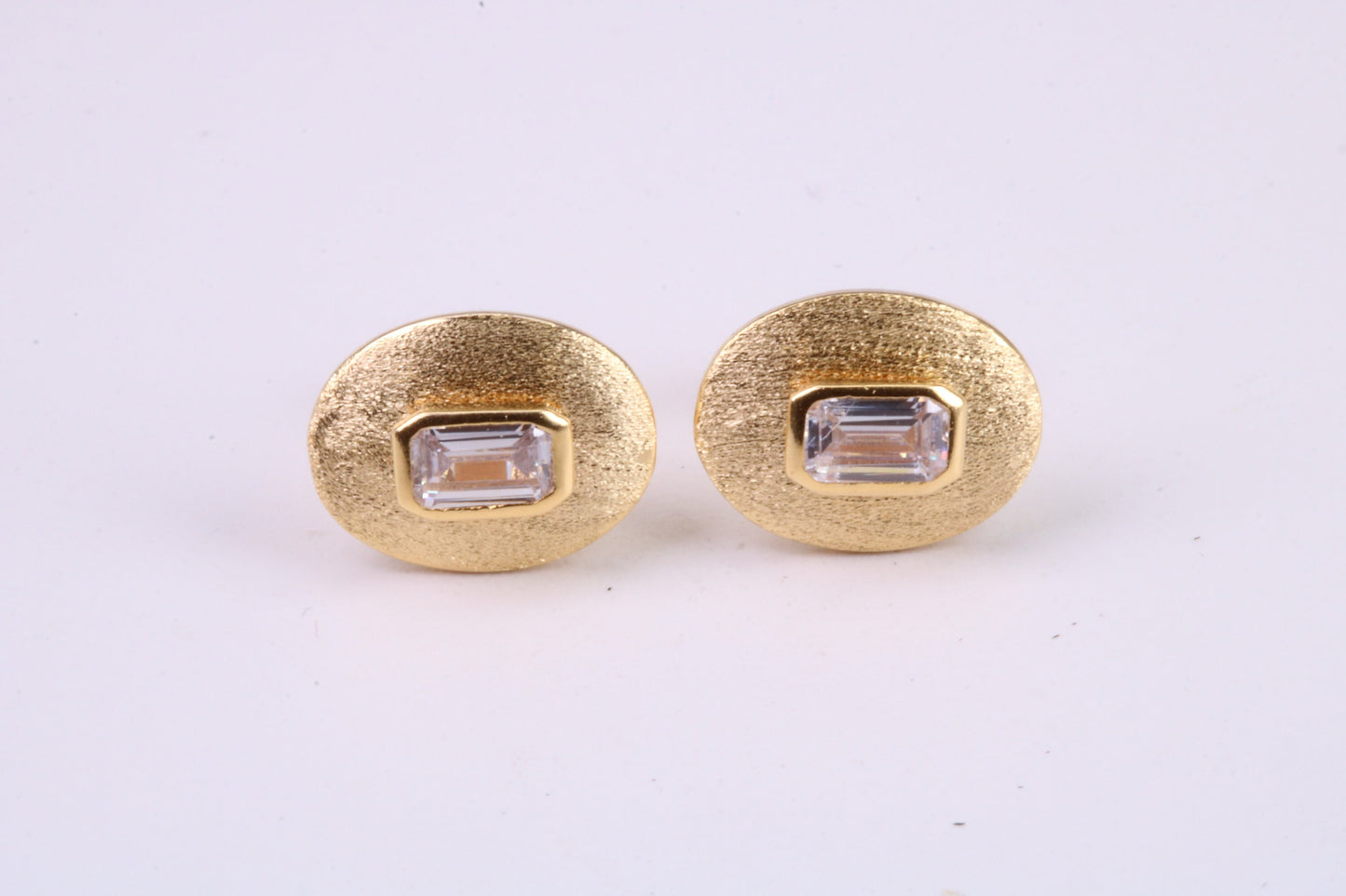 Stud Earrings set with Emerald cut C Z, Very Dressy, Made from Solid 925 Grade Sterling Silver and 18ct Yellow Gold Plated