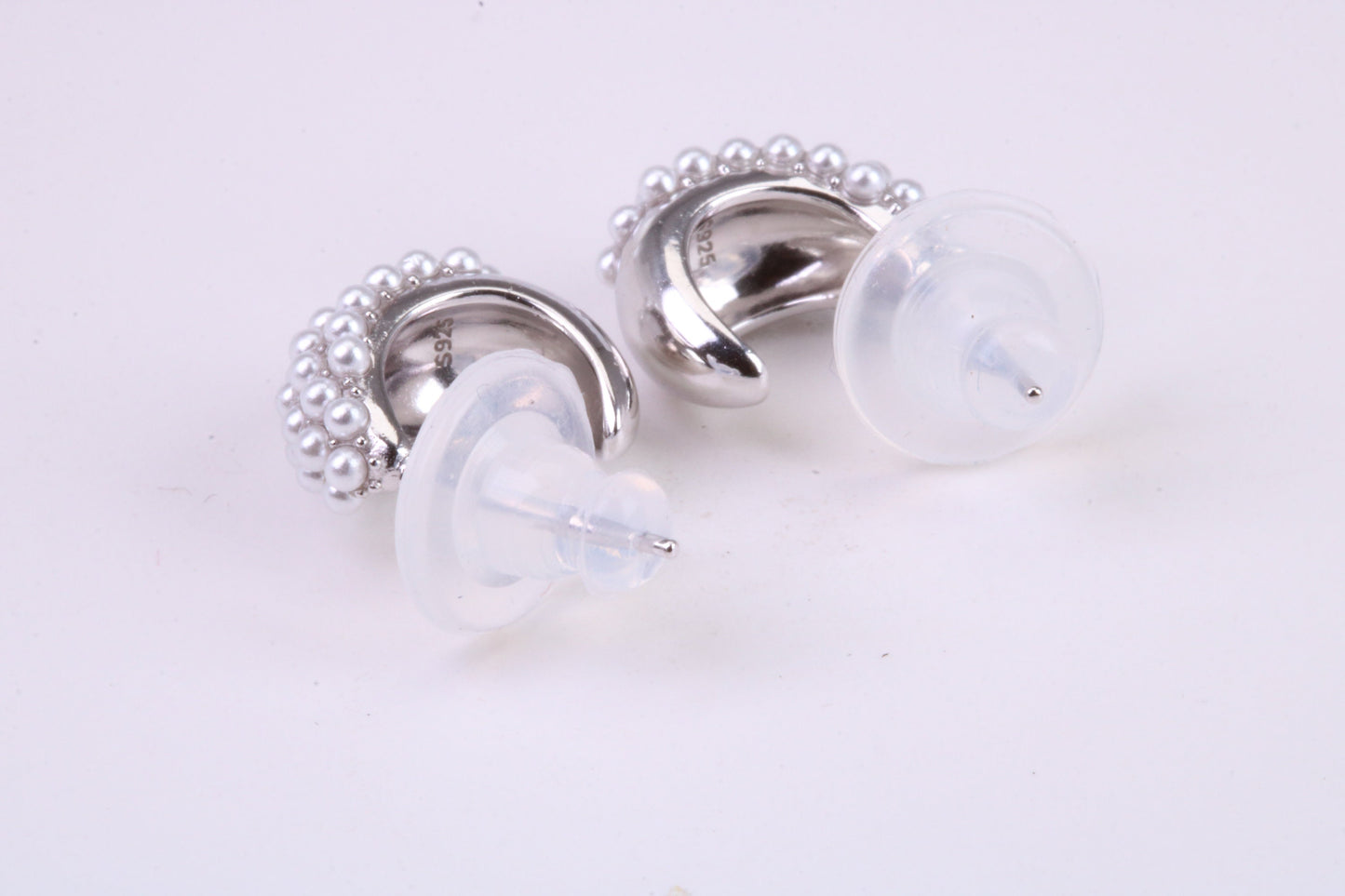 Natural Pearl set Half Hoop Stud Earrings, set in Solid Silver