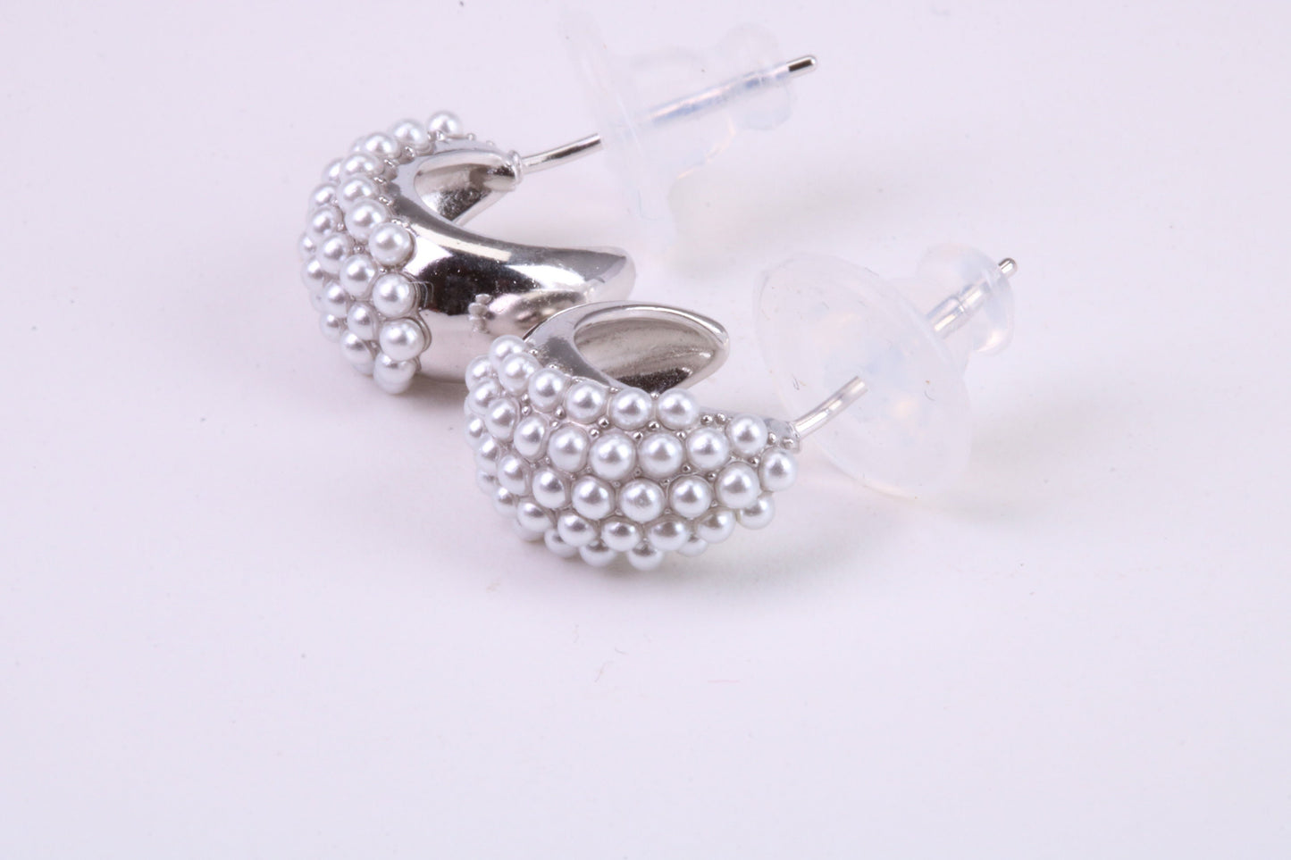 Natural Pearl set Half Hoop Stud Earrings, set in Solid Silver