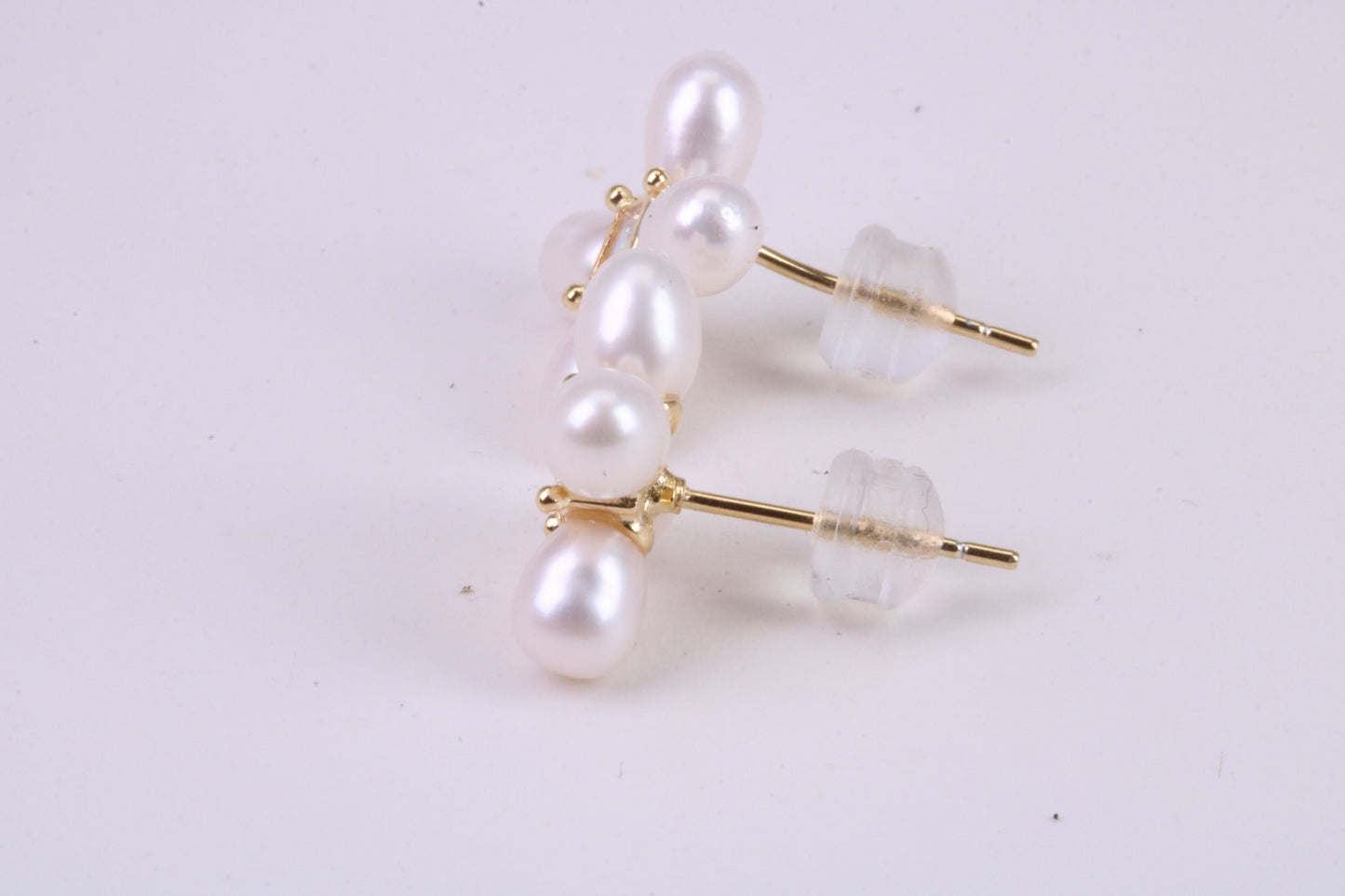 Natural Rice Pearl and Cubic Zirconia set Stud Earrings, set in Solid Silver, 18ct Yellow Gold Pated