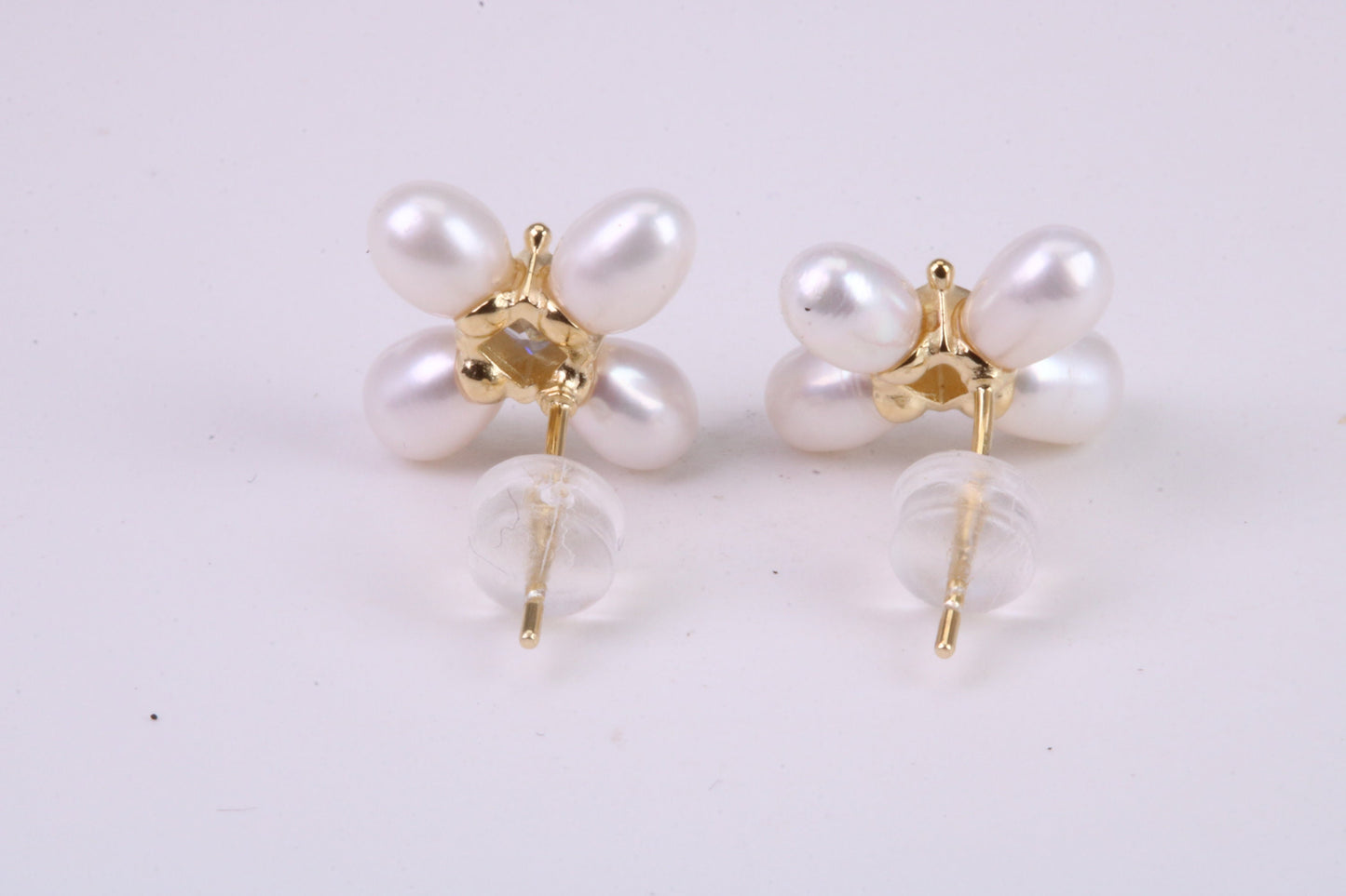 Natural Rice Pearl and Cubic Zirconia set Stud Earrings, set in Solid Silver, 18ct Yellow Gold Pated