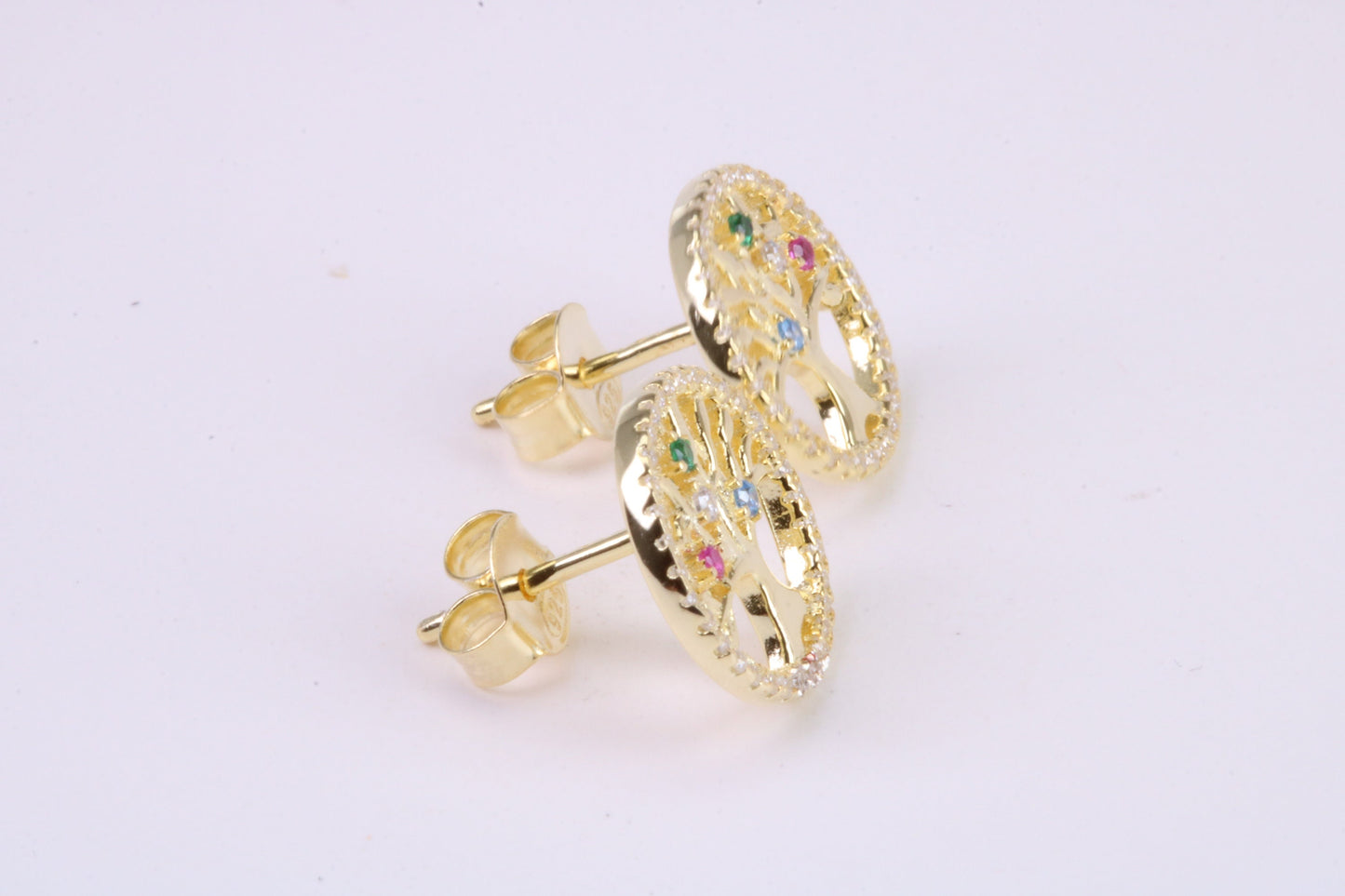 Tree of Life C Z set Stud Earrings, Made from Solid 925 Grade Sterling Silver and 18ct Yellow Gold Plated