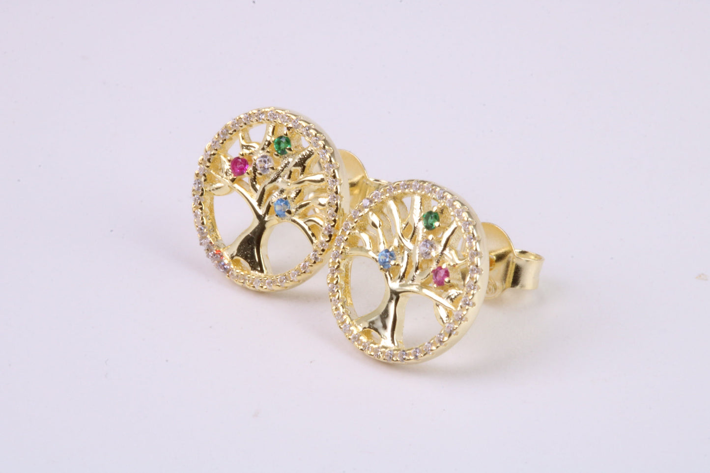 Tree of Life C Z set Stud Earrings, Made from Solid 925 Grade Sterling Silver and 18ct Yellow Gold Plated