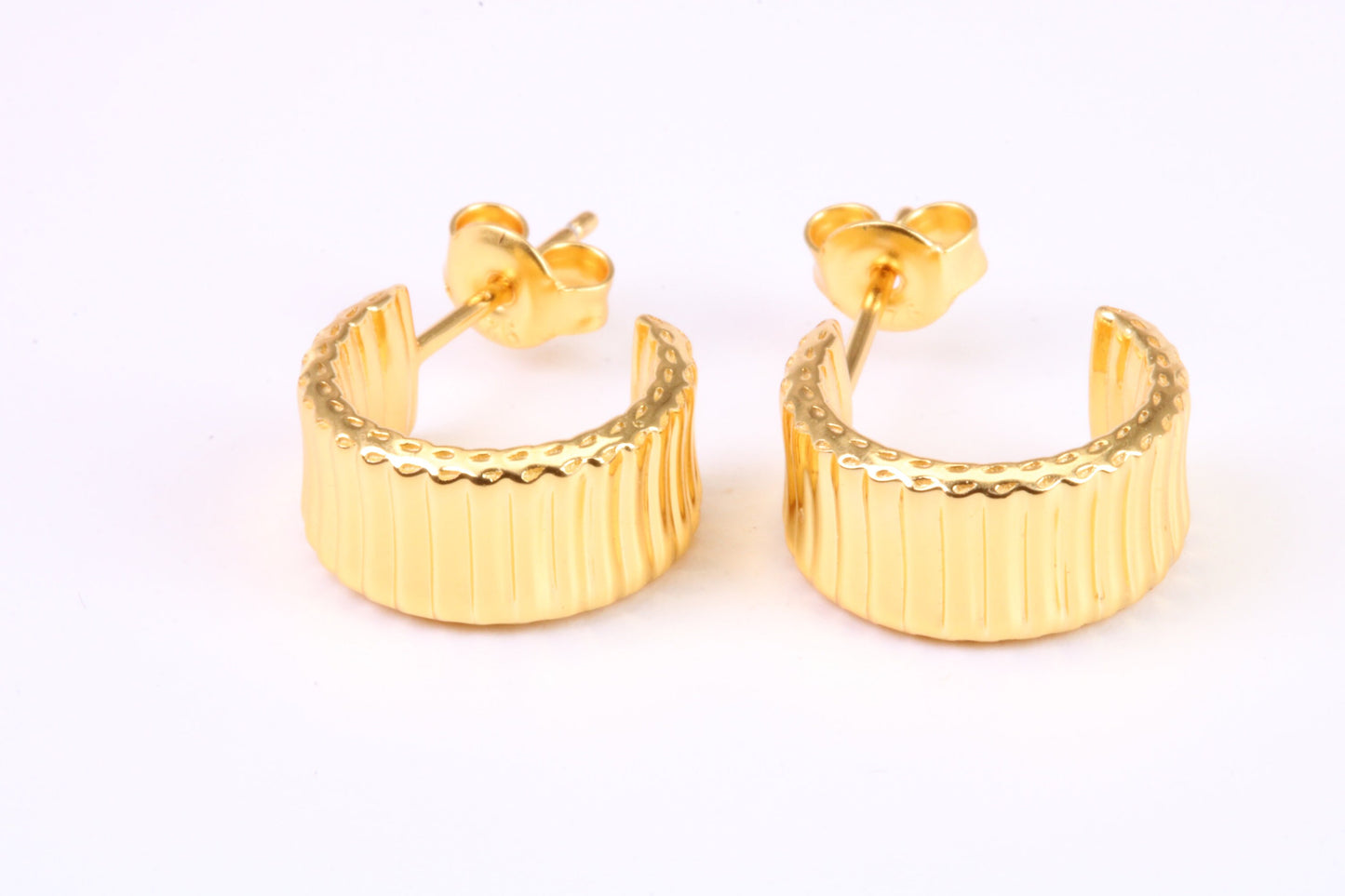 7 mm Wide Diamond cut Half Hoop Earrings, Very Dressy, Made from Solid 925 Grade Sterling Silver and 18ct Yellow Gold Plated