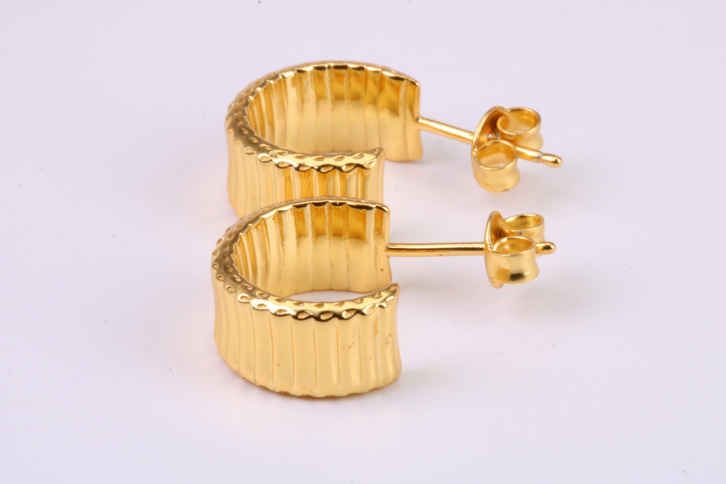 7 mm Wide Diamond cut Half Hoop Earrings, Very Dressy, Made from Solid 925 Grade Sterling Silver and 18ct Yellow Gold Plated
