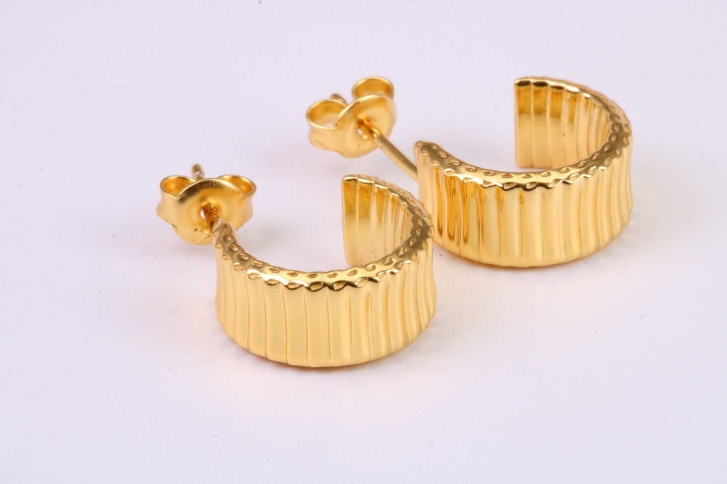 7 mm Wide Diamond cut Half Hoop Earrings, Very Dressy, Made from Solid 925 Grade Sterling Silver and 18ct Yellow Gold Plated