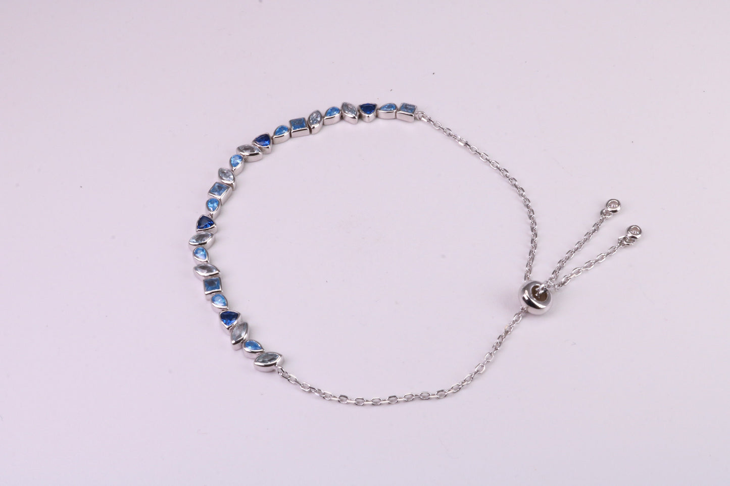 Blue Sapphire, Aquamarine and Topaz C Z Set Bracelet, Length Adjustable Chain, Made from solid Sterling Silver