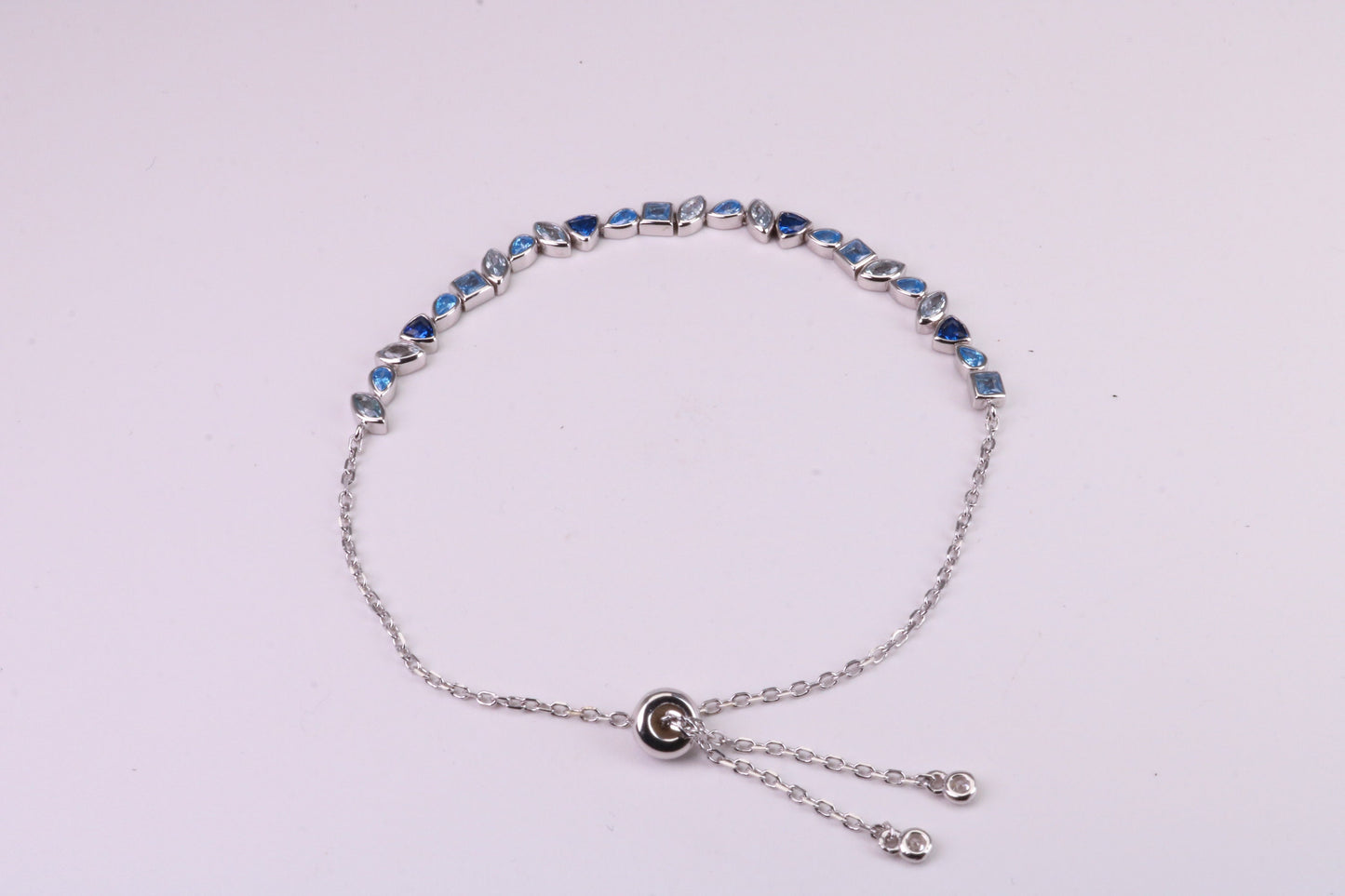 Blue Sapphire, Aquamarine and Topaz C Z Set Bracelet, Length Adjustable Chain, Made from solid Sterling Silver