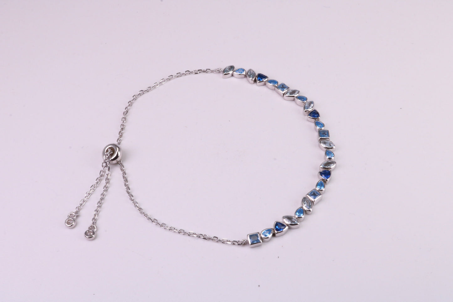 Blue Sapphire, Aquamarine and Topaz C Z Set Bracelet, Length Adjustable Chain, Made from solid Sterling Silver