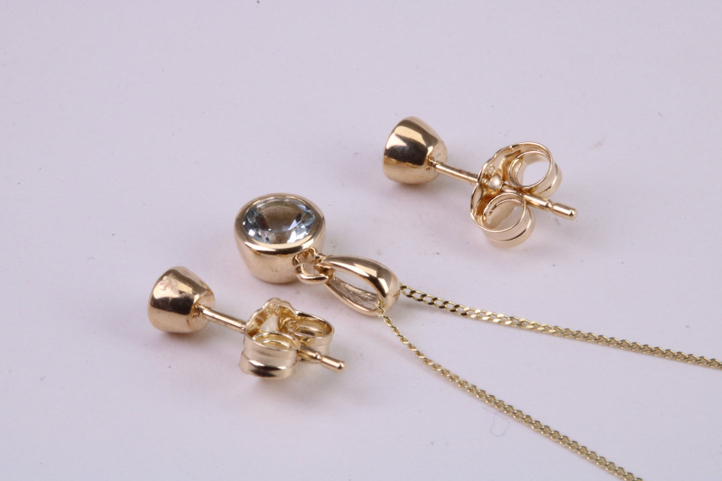 Natural Round cut Aquamarine set Necklace and Matching Stud Earrings, made from solid Yellow Gold, British Hallmarked