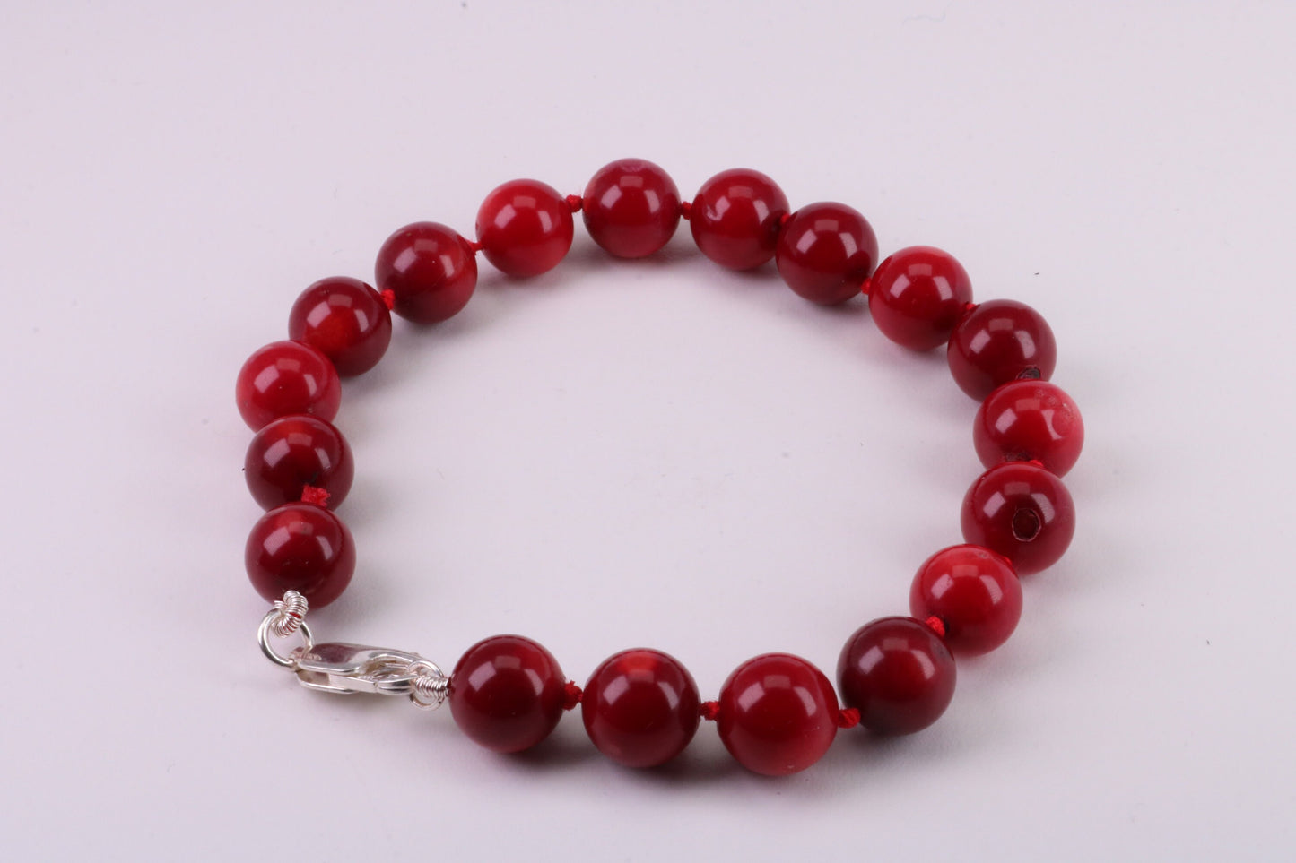 Natural 10 mm Round Red Coral Bracelet with Solid Silver Lobster Claw Lock