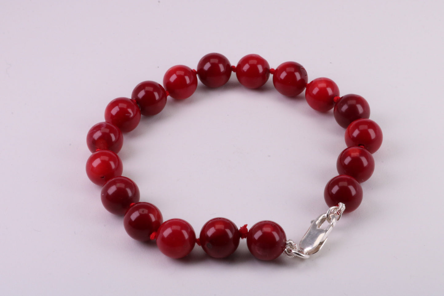 Natural 10 mm Round Red Coral Bracelet with Solid Silver Lobster Claw Lock