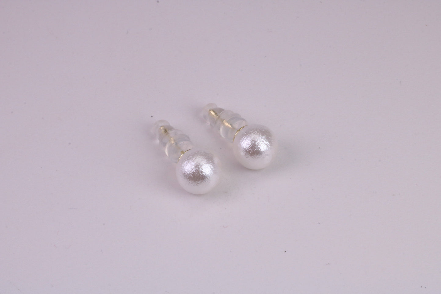 Natural 8 mm Round Pearl set Stud Earrings, set in Solid Silver, 18ct Yellow Gold Pated, Comfortable Rubber Backings