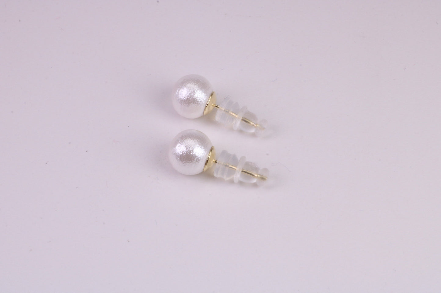 Natural 8 mm Round Pearl set Stud Earrings, set in Solid Silver, 18ct Yellow Gold Pated, Comfortable Rubber Backings