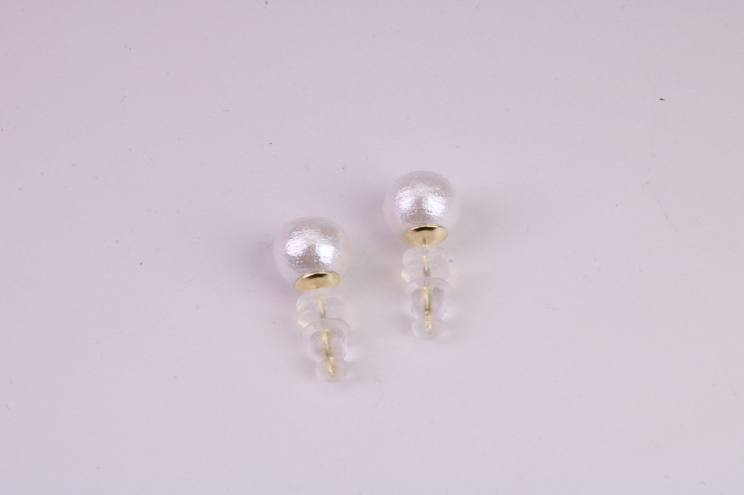 Natural 8 mm Round Pearl set Stud Earrings, set in Solid Silver, 18ct Yellow Gold Pated, Comfortable Rubber Backings