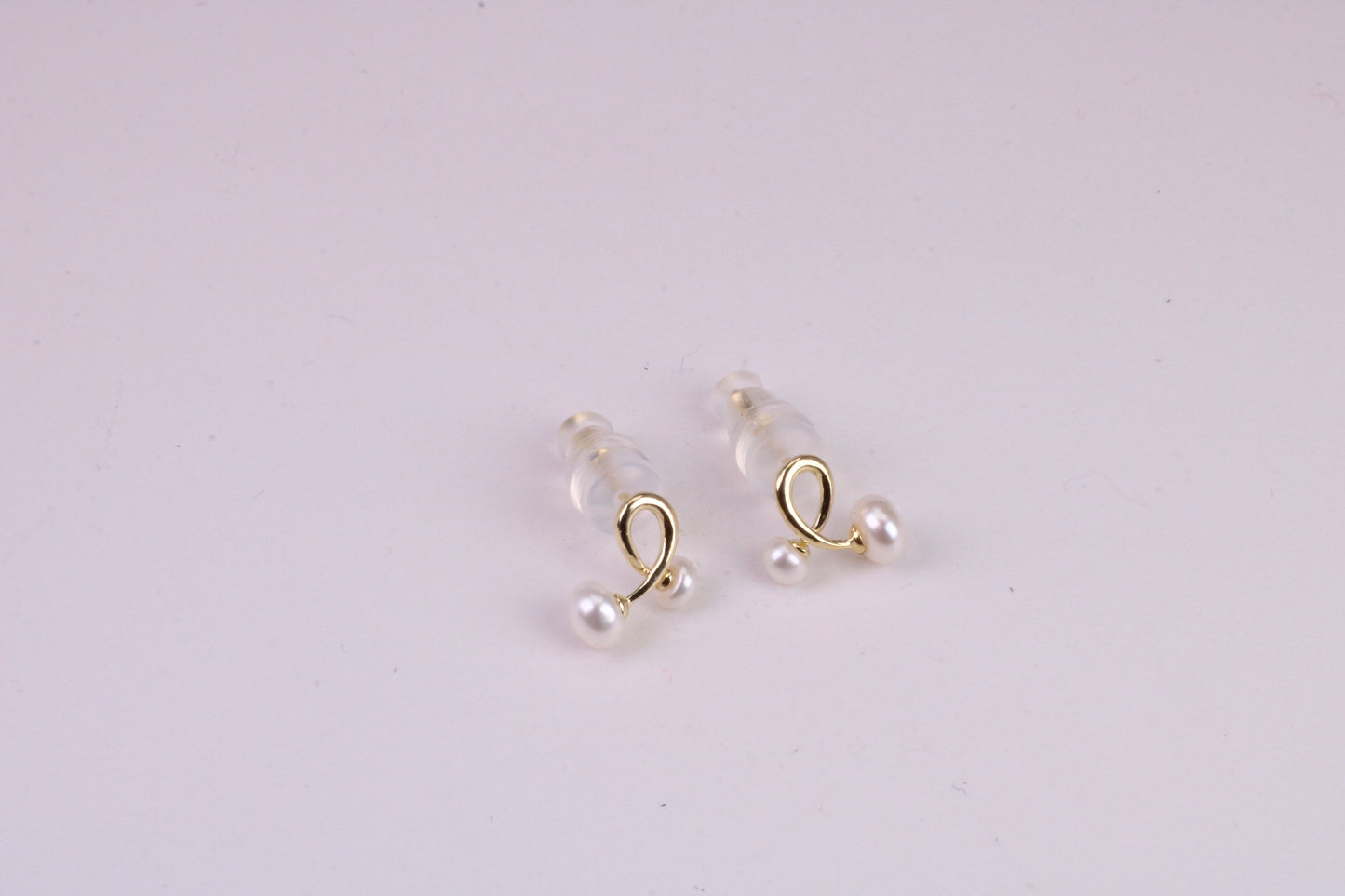 Natural Round Pearl set Stud Earrings, set in Solid Silver, 18ct Yellow Gold Pated, Comfortable Rubber Backings