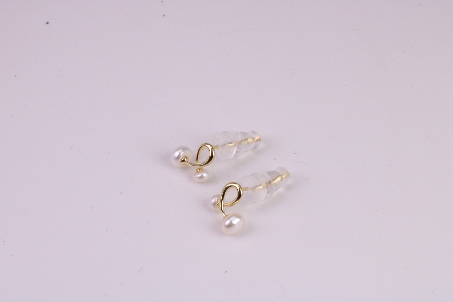 Natural Round Pearl set Stud Earrings, set in Solid Silver, 18ct Yellow Gold Pated, Comfortable Rubber Backings