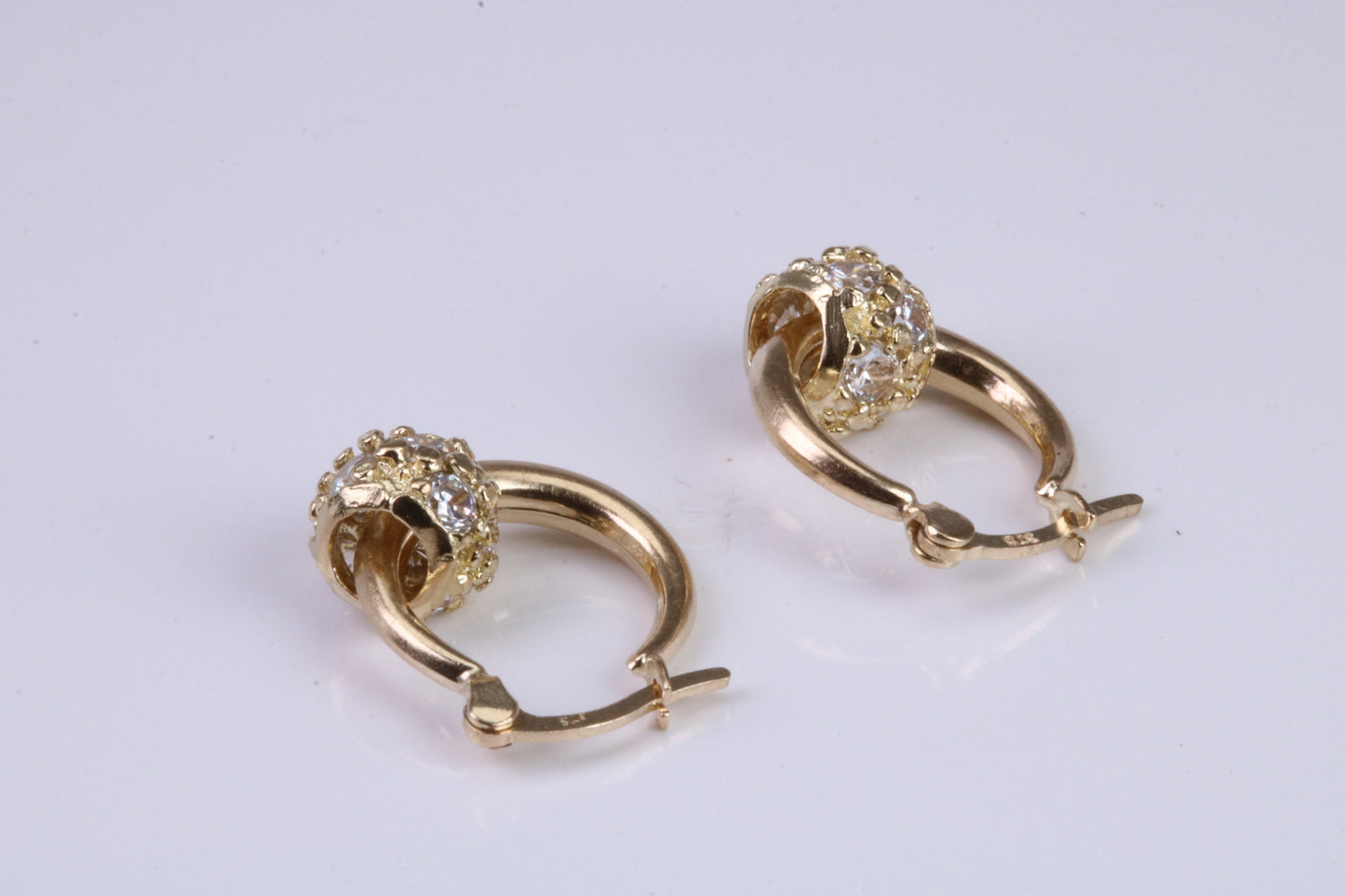 Hoop Creole Earrings with C Z Set Ball, Made from Solid Yellow Gold