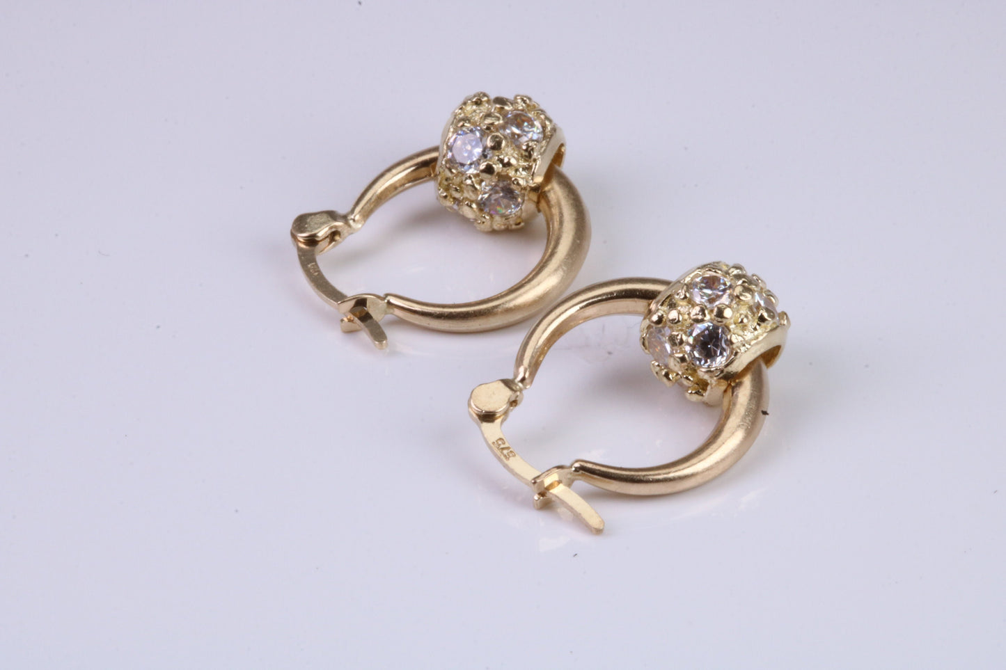 Hoop Creole Earrings with C Z Set Ball, Made from Solid Yellow Gold