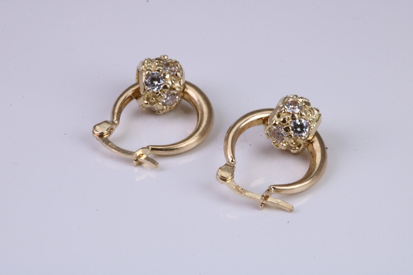 Hoop Creole Earrings with C Z Set Ball, Made from Solid Yellow Gold