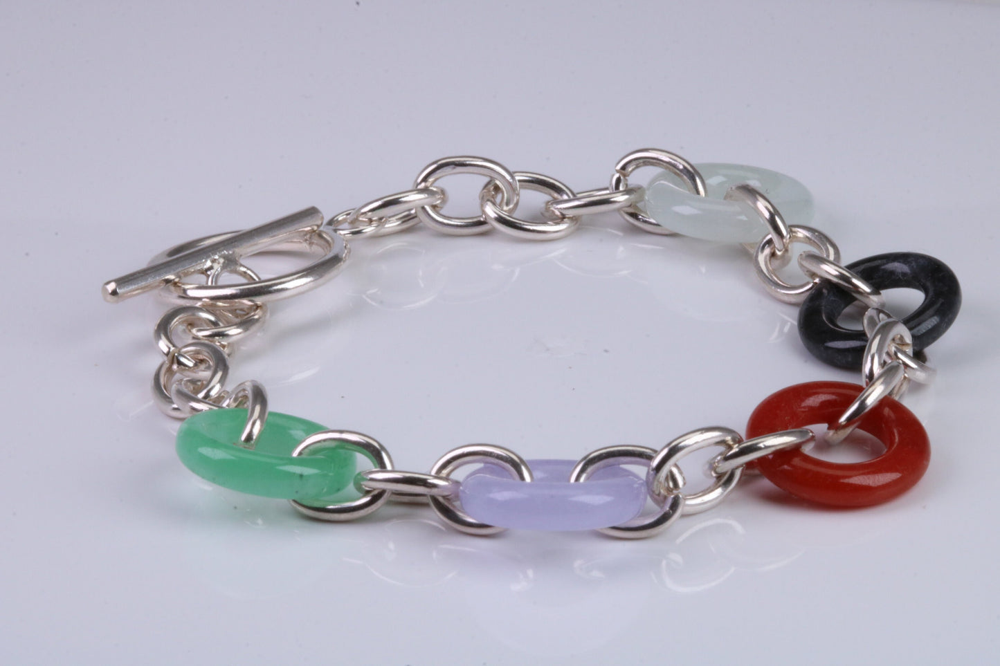 Real Multi Colour Jade set Bracelet, made from solid Sterling Silver, 7.50 Inches Long