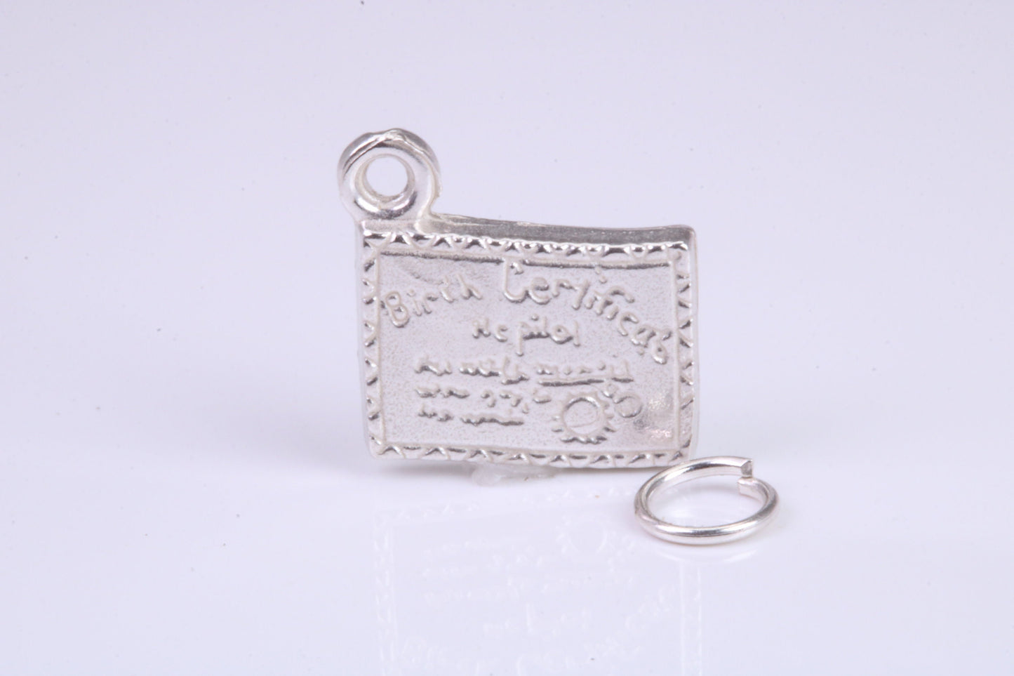 Birth Certificate Charm, Traditional Charm, Made from Solid 925 Grade Sterling Silver, Complete with Attachment Link