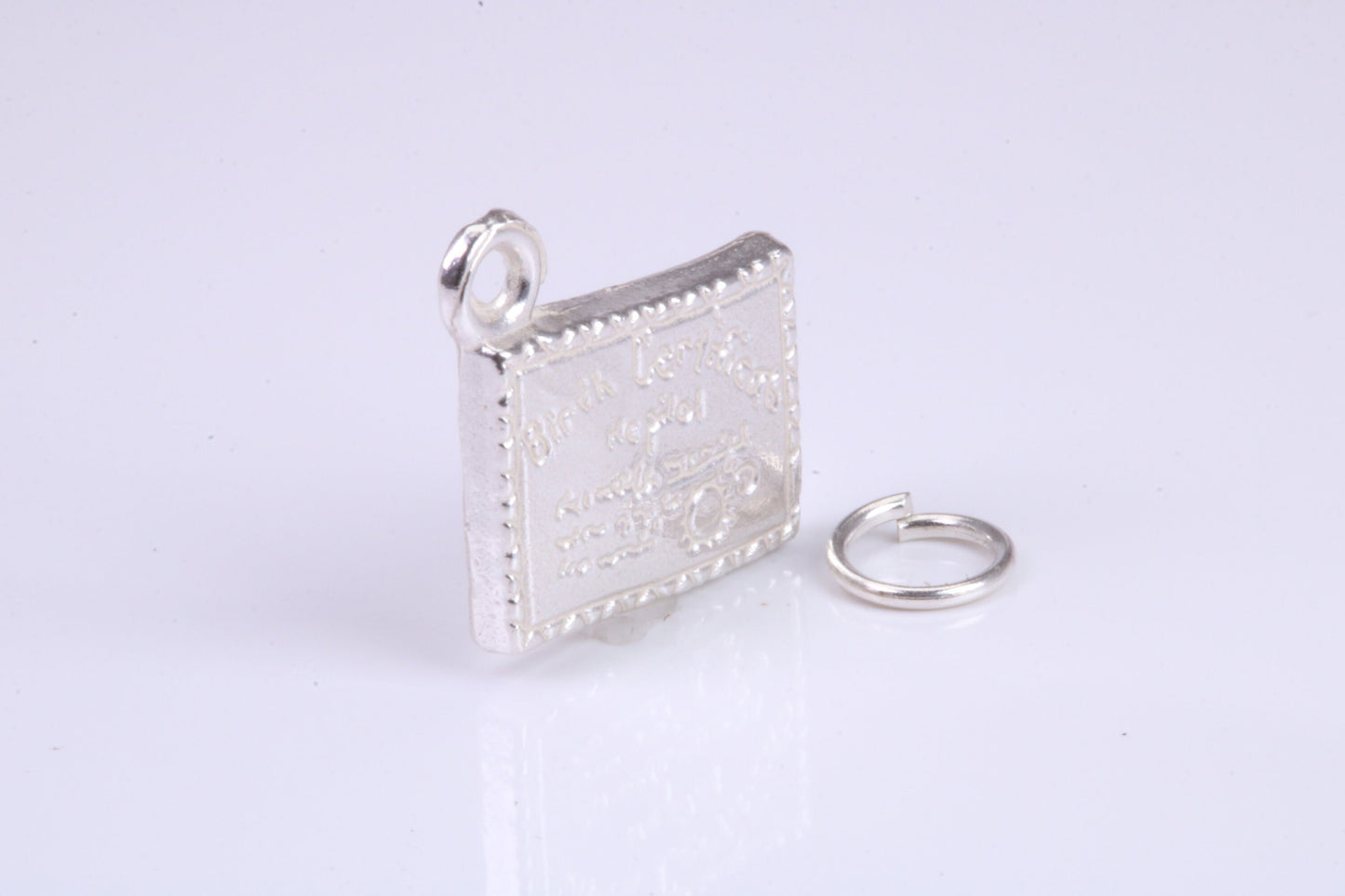 Birth Certificate Charm, Traditional Charm, Made from Solid 925 Grade Sterling Silver, Complete with Attachment Link