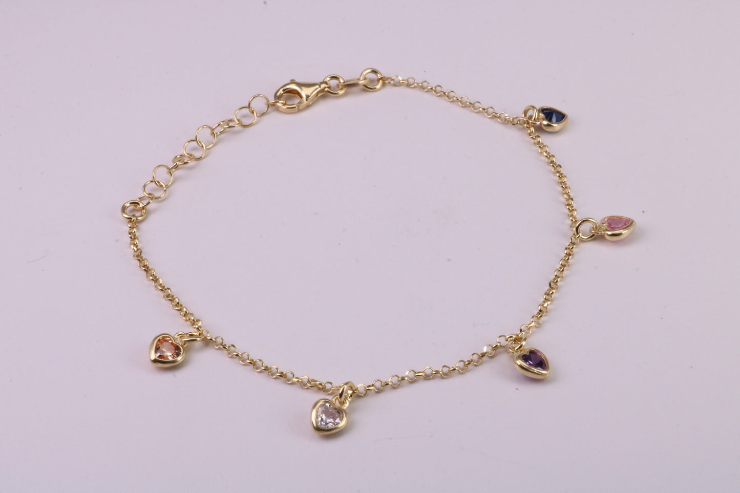 Rainbow Dainty Love Hearts Bracelet, With Length Adjustable Chain, Made from solid Sterling Silver and Further 18ct Yellow Gold Plated