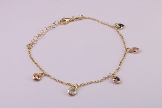 Rainbow Dainty Love Hearts Bracelet, With Length Adjustable Chain, Made from solid Sterling Silver and Further 18ct Yellow Gold Plated