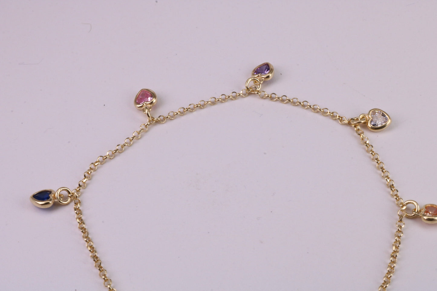 Rainbow Dainty Love Hearts Bracelet, With Length Adjustable Chain, Made from solid Sterling Silver and Further 18ct Yellow Gold Plated