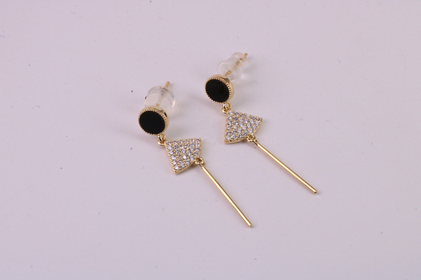 35 mm Long C Z and Black Onyx Set Dropper Stud Earrings, Solid Silver with Yellow Gold Plating