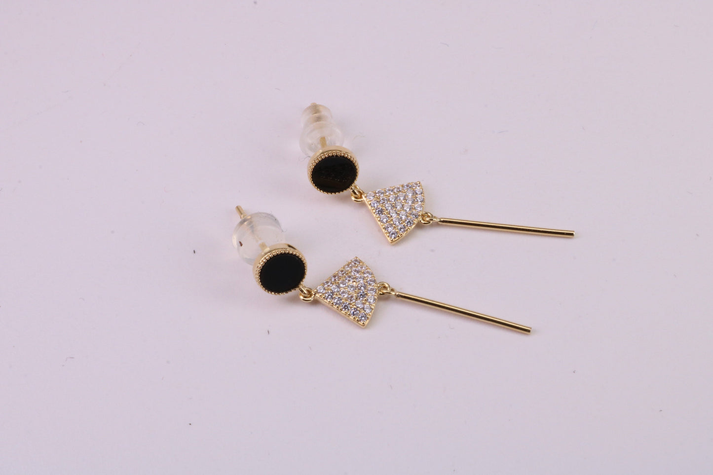 35 mm Long C Z and Black Onyx Set Dropper Stud Earrings, Solid Silver with Yellow Gold Plating