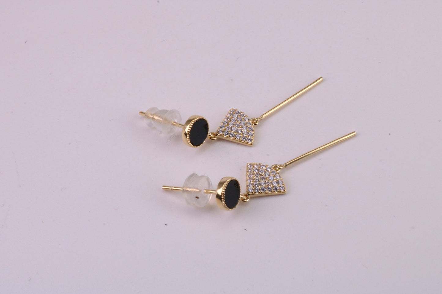 35 mm Long C Z and Black Onyx Set Dropper Stud Earrings, Solid Silver with Yellow Gold Plating