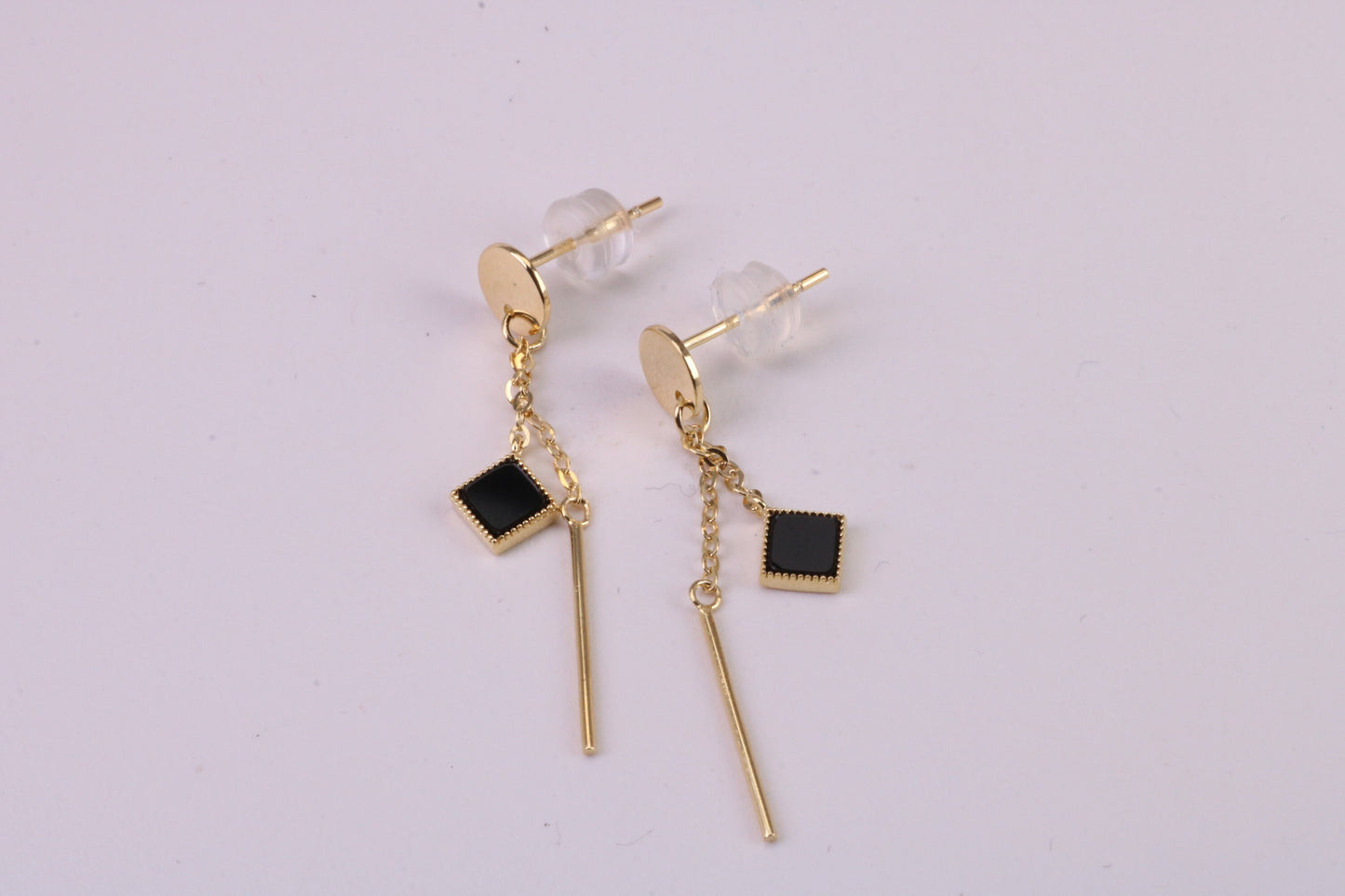 35 mm Long Black Onyx Set Dropper Stud Earrings, Solid Silver with Yellow Gold Plating