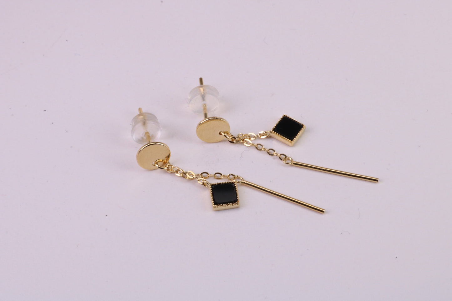35 mm Long Black Onyx Set Dropper Stud Earrings, Solid Silver with Yellow Gold Plating