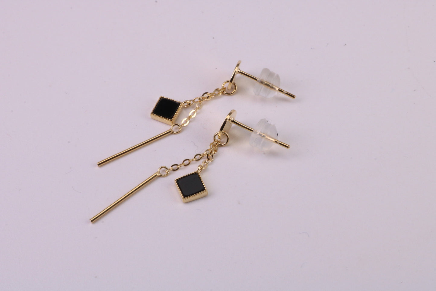 35 mm Long Black Onyx Set Dropper Stud Earrings, Solid Silver with Yellow Gold Plating