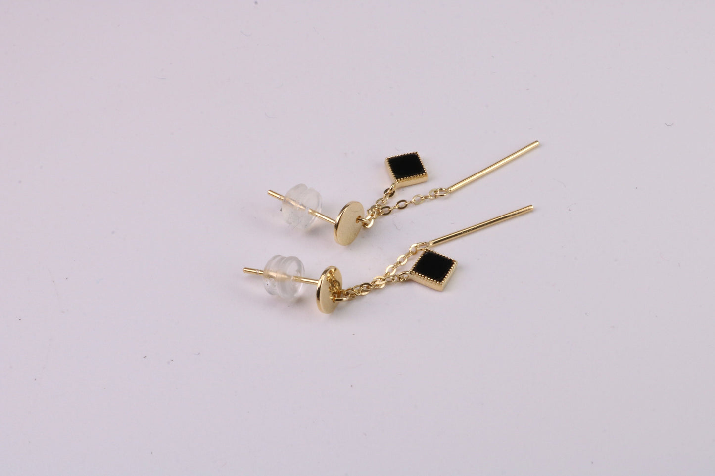 35 mm Long Black Onyx Set Dropper Stud Earrings, Solid Silver with Yellow Gold Plating