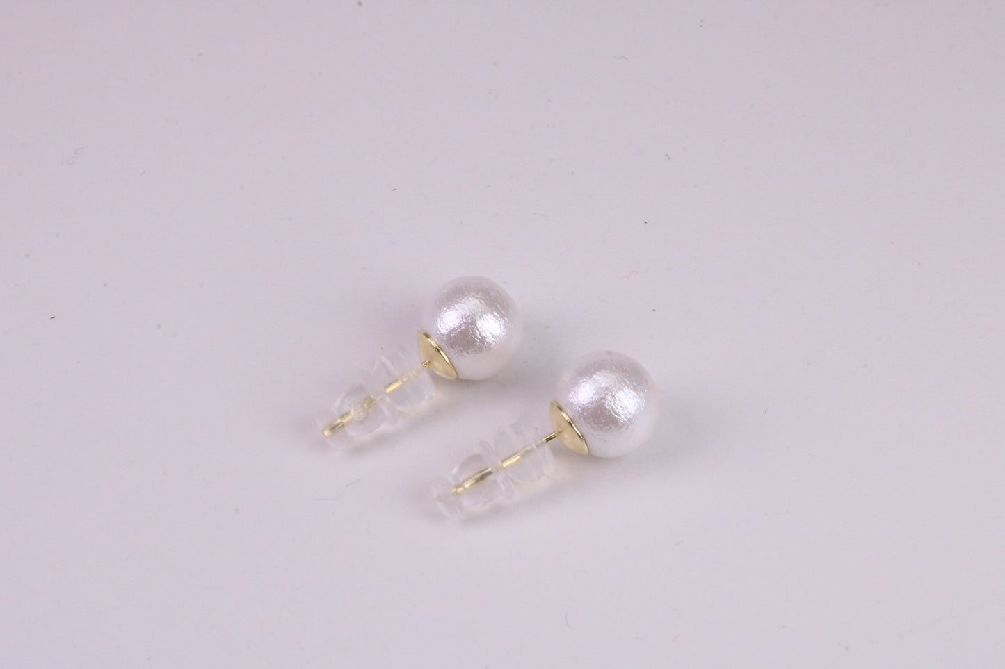 Natural 8 mm Round Pearl set Stud Earrings, set in Solid Silver, 18ct Yellow Gold Pated, Comfortable Rubber Backings