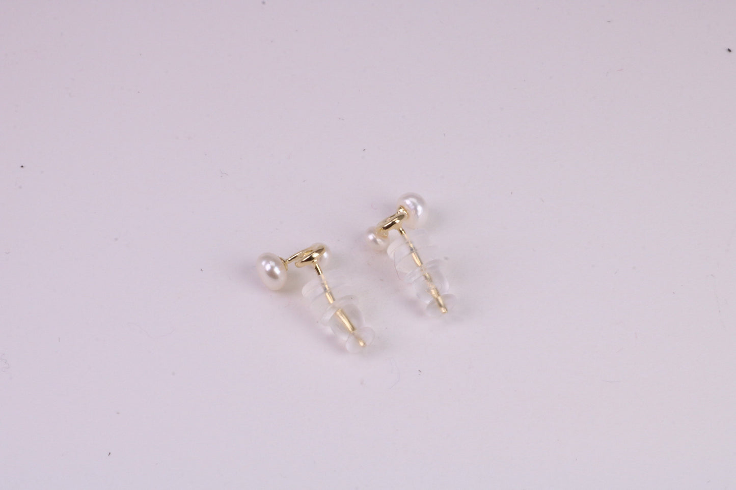 Natural Round Pearl set Stud Earrings, set in Solid Silver, 18ct Yellow Gold Pated, Comfortable Rubber Backings