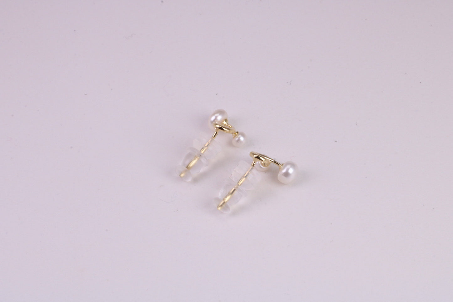 Natural Round Pearl set Stud Earrings, set in Solid Silver, 18ct Yellow Gold Pated, Comfortable Rubber Backings